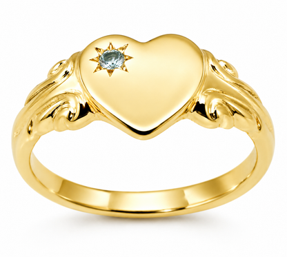 Genuine 9ct 9k 375 Yellow, Rose or White Gold Heart Blue Topaz November Birthstone Signet Ring- Choose your ring size H to P
