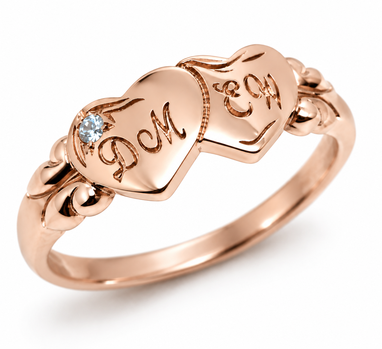 Genuine 9ct 9k 375 Yellow, Rose or White Gold Double Heart Blue Topaz Birthstone Signet Ring + Engraving - Choose your ring size H to P,
