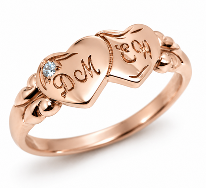 Genuine 9ct 9k 375 Yellow, Rose or White Gold Double Heart Blue Topaz Birthstone Signet Ring + Engraving - Choose your ring size H to P,