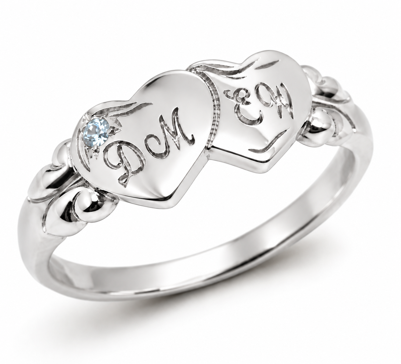 Genuine 9ct 9k 375 Yellow, Rose or White Gold Double Heart Blue Topaz Birthstone Signet Ring + Engraving - Choose your ring size H to P,