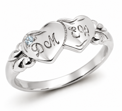 Genuine 9ct 9k 375 Yellow, Rose or White Gold Double Heart Blue Topaz Birthstone Signet Ring + Engraving - Choose your ring size H to P,
