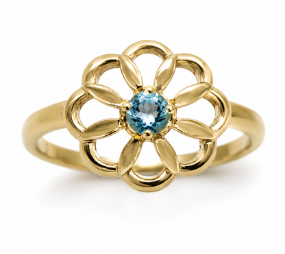 Genuine 9ct 9K 375 Yellow, Rose or White Gold Blue Topaz November Stone Flower Ring - Choose your ring size from H to P