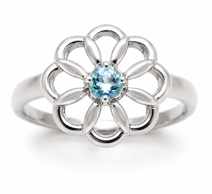 Genuine 9ct 9K 375 Yellow, Rose or White Gold Blue Topaz November Stone Flower Ring - Choose your ring size from H to P