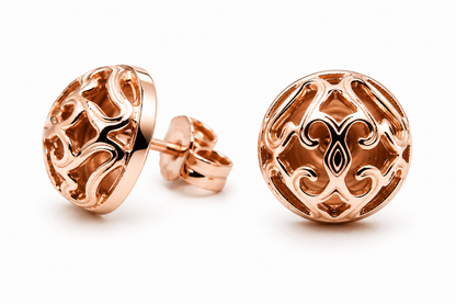 Genuine 9ct 9k 375 Solid Yellow, Rose or White Gold Half Ball 12mm Stud Filigree Earrings