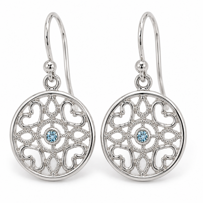 Genuine 9ct 9k 375 Yellow, Rose or White Gold Topaz Disc Heart Filigree Hook Earrings