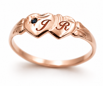 Genuine 9ct 9k 375 Yellow, Rose or White Gold Aust Blue Sapphire Double Heart Signet Ring plus engraving