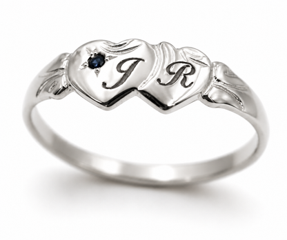 Genuine 9ct 9k 375 Yellow, Rose or White Gold Aust Blue Sapphire Double Heart Signet Ring plus engraving