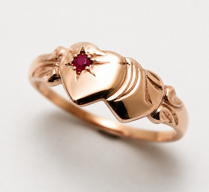Genuine 9ct 9k 375 Yellow, Rose or White Gold Double Heart Ruby Signet Ring - July Birthstone