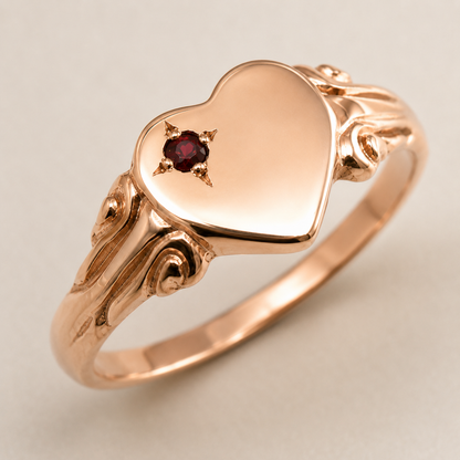 Genuine 9ct 9k 375 Yellow, Rose or White Gold Heart Ruby Signet Ring - July Birthstone
