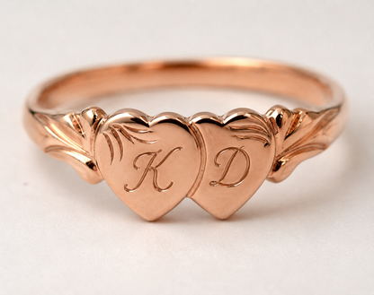 Genuine 9ct 9k 375 Yellow, Rose or White Gold Double Heart Signet Ring + Engraving 2 initials