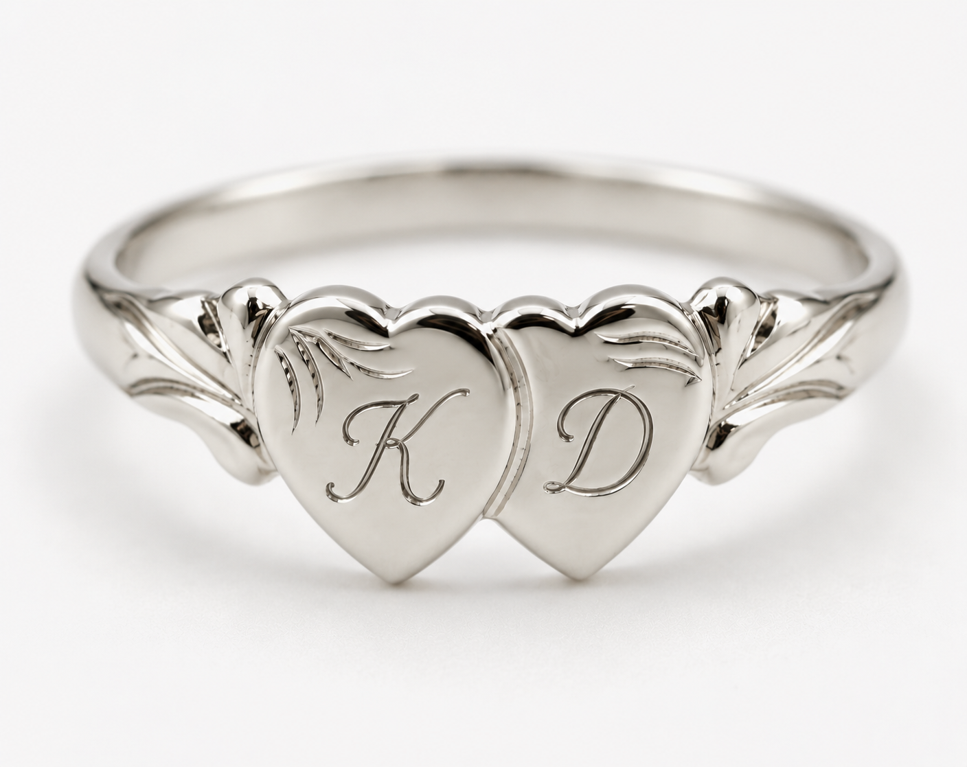Genuine 9ct 9k 375 Yellow, Rose or White Gold Double Heart Signet Ring + Engraving 2 initials