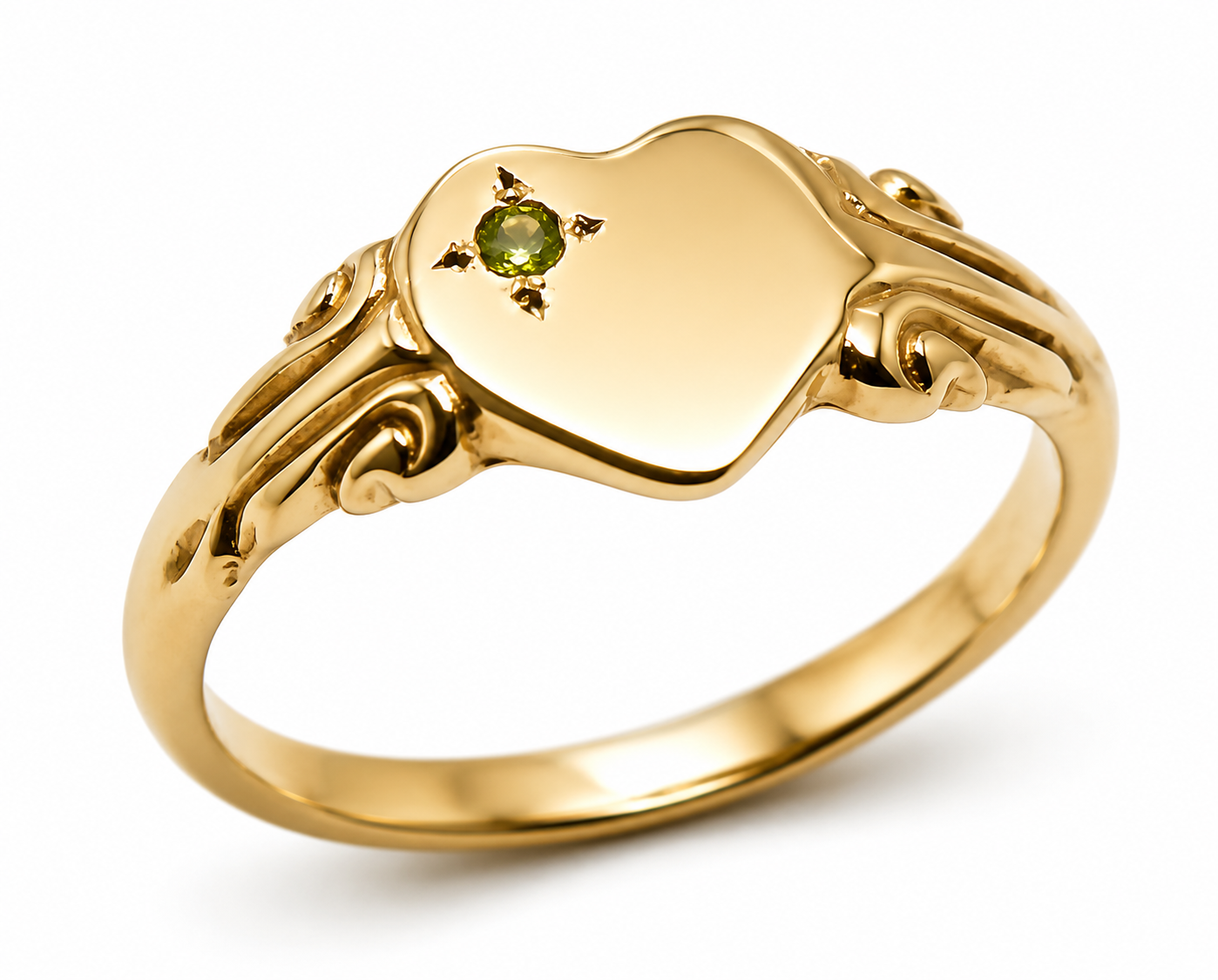 August Birthstone 9ct 9k 375 Yellow, Rose or White Gold 375 Green Peridot Stone Heart Signet Ring - Choose your size H to P