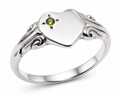 August Birthstone 9ct 9k 375 Yellow, Rose or White Gold 375 Green Peridot Stone Heart Signet Ring - Choose your size H to P