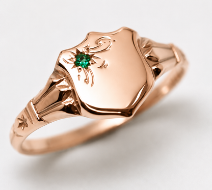 Genuine 9ct 9k 375 Small Yellow, Rose or White Gold Childs Emerald Shield Signet Ring - Choose your size