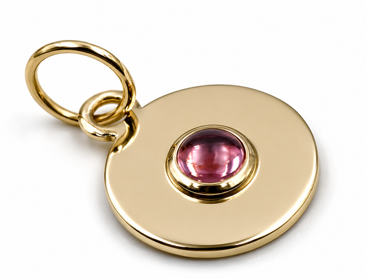 Genuine 9ct 9K 375 Yellow Gold 12mm Cabochon Pink Tourmaline Disc Pendant Charm