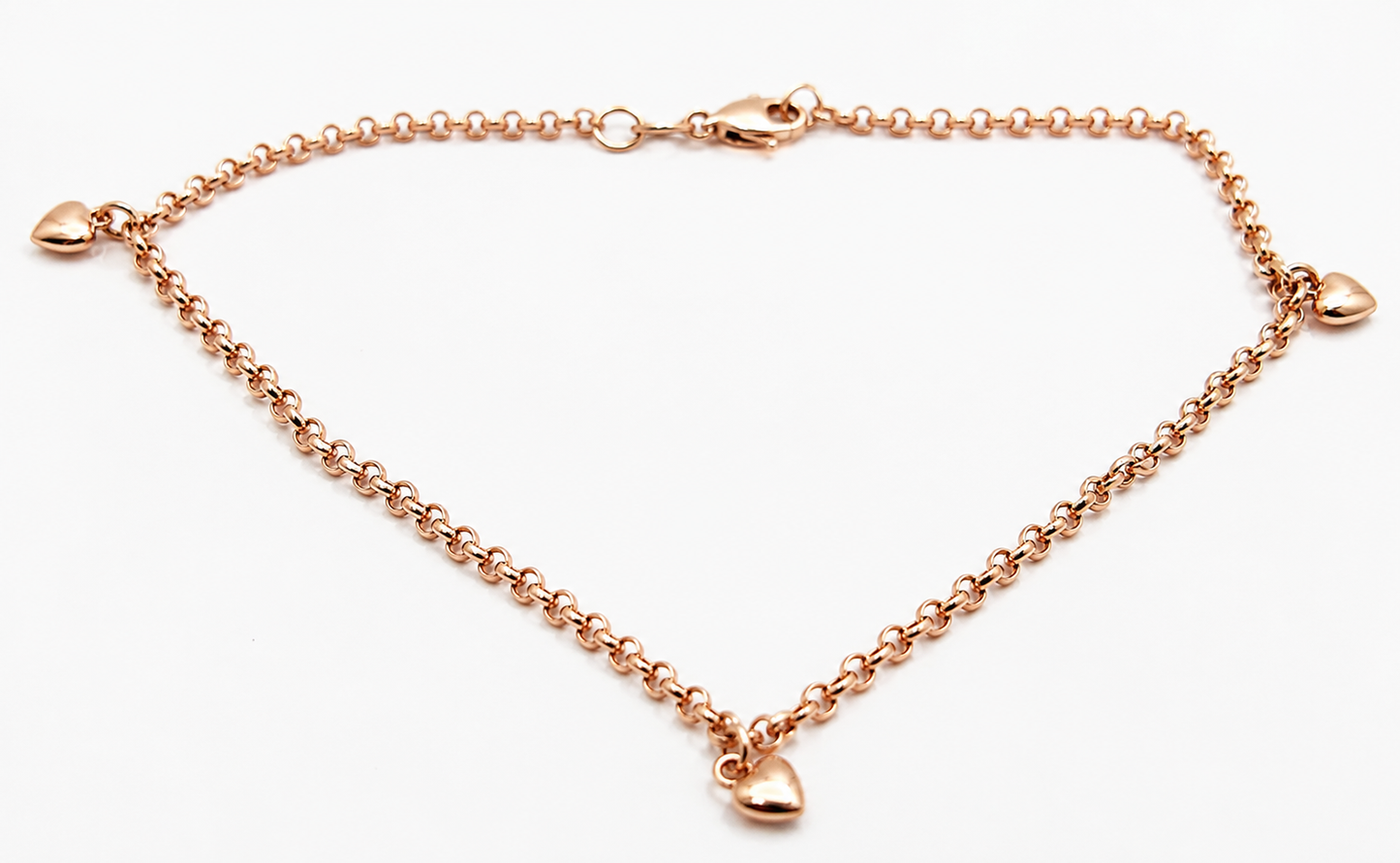 Genuine 9ct 9k 375 Solid Yellow or Rose Gold 25cm Belcher Anklet + 3 heart charms