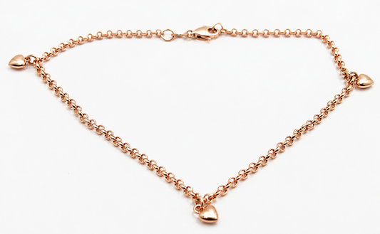 Genuine 9ct 9k 375 Solid Yellow or Rose Gold 25cm Belcher Anklet + 3 heart charms