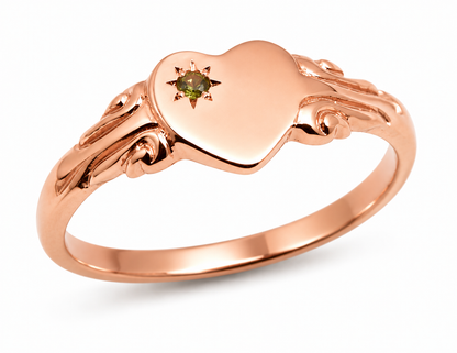 Size Q August Birthstone 9ct 9k 375 Yellow, Rose or White Gold Green Peridot Stone Heart Signet Ring