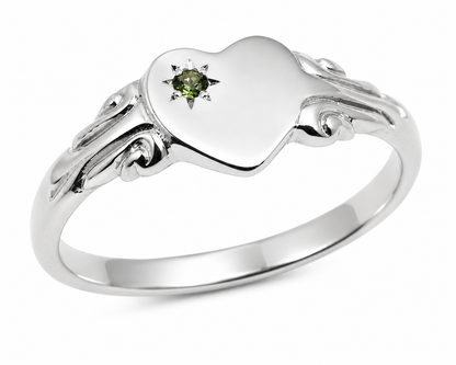 Size Q August Birthstone 9ct 9k 375 Yellow, Rose or White Gold Green Peridot Stone Heart Signet Ring