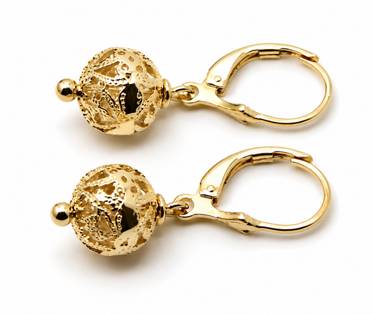 Genuine 9k 9ct 375 Yellow, Rose or White Gold 10mm Filigree Ball Spinner Earrings With Continental Hooks