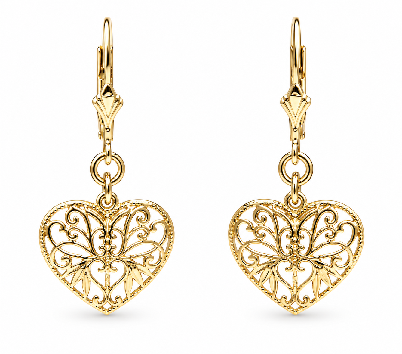 Genuine 9ct Yellow, Rose or White Gold Filigree Heart Drop Filigree Continental Hook Earrings