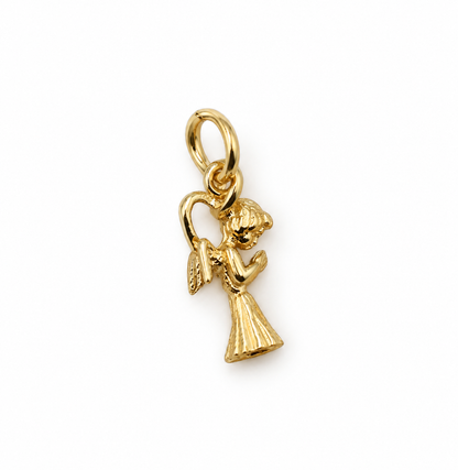 Tiny genuine 9ct yellow gold praying angel charm pendant on white background