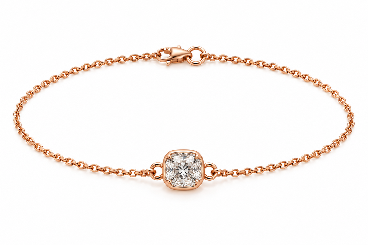 Genuine 9ct 9k 375 Yellow, Rose or White Gold Certified Lab Grown 1.2ct Diamond Cushion Cut Belcher 20cm Bracelet