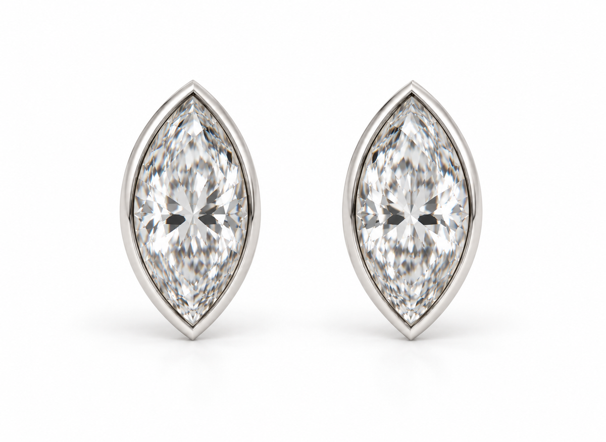 Genuine 9ct Yellow, Rose or White Gold 2.00ct Total Diamond Weight Marquise Bezel Set Lab Grown Diamond Stud Earrings