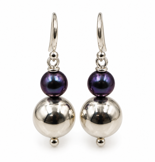 Sterling Silver Ball 7mm Freshwater Black Pearl Ball Earrings