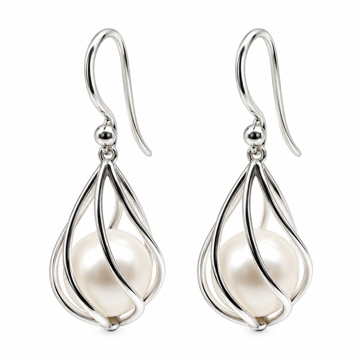 925 Sterling Silver Caged Freshwater Pearl Hook Earrings, 9mm