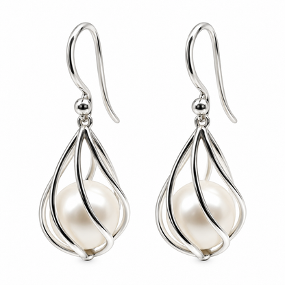 925 Sterling Silver Caged Freshwater Pearl Hook Earrings, 9mm