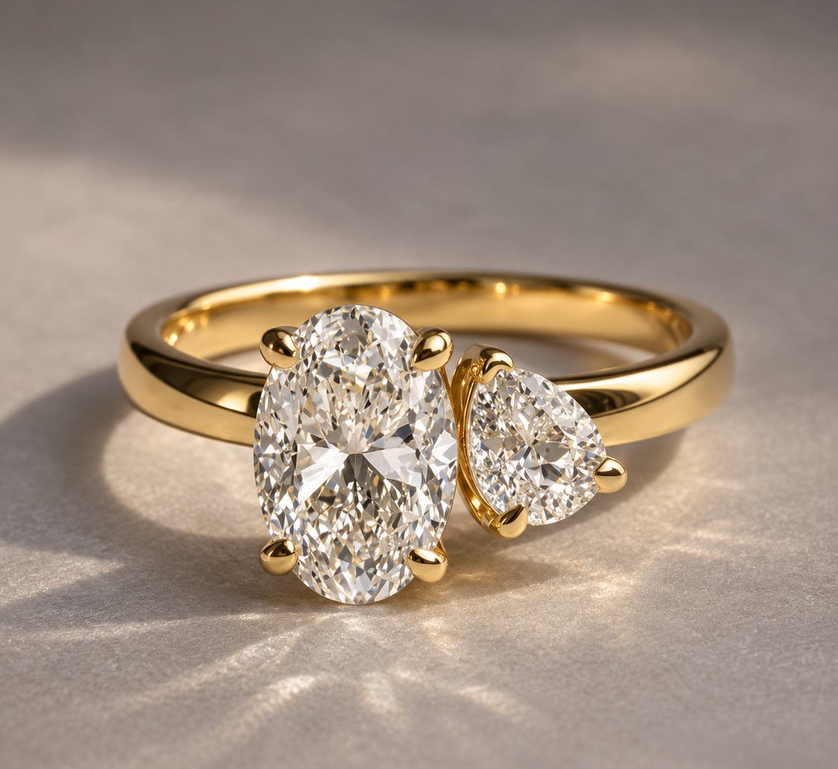 Genuine 18ct 18k 750 Yellow Gold Toi et Moi 2ct Oval & 1ct Pear Lab-Grown Diamond Engagement Ring