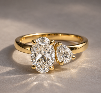 Genuine 18ct 18k 750 Yellow Gold Toi et Moi 2ct Oval & 1ct Pear Lab-Grown Diamond Engagement Ring