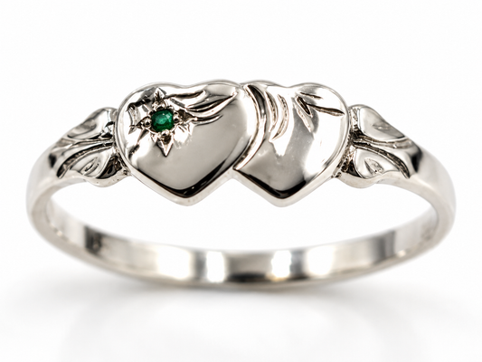 Solid New Sterling Silver Double Heart Signet Ring Emerald Set