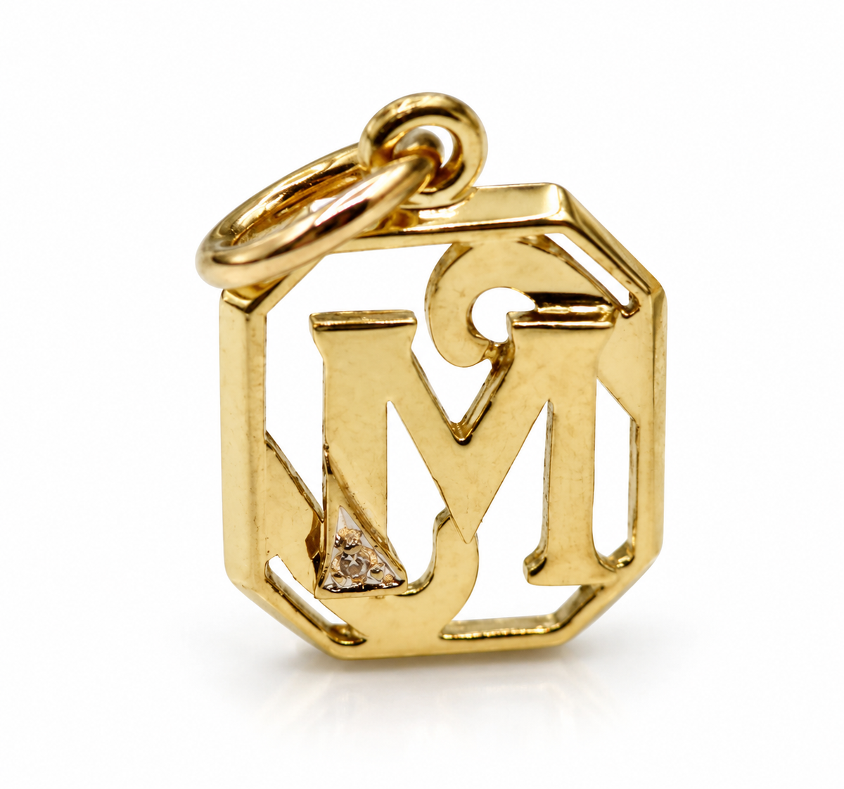 9ct yellow gold initial M pendant charm within an open octagonal frame
