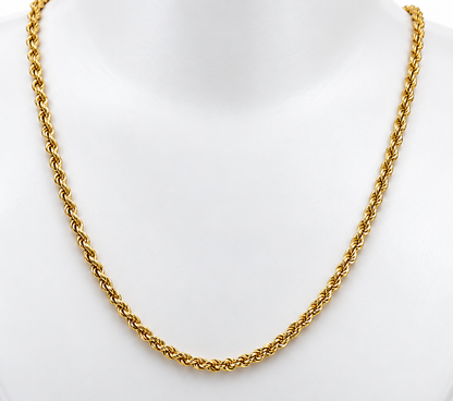 Yellow gold rope chain necklace displayed on a white jewellery bust