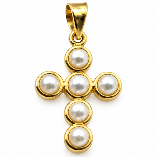 Hollow 14ct 14K 585 Yellow Gold Pearl Cross Pendant