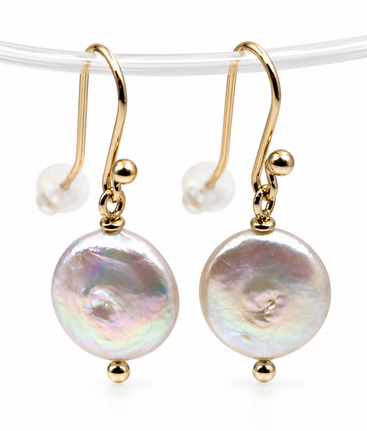 Genuine 9ct 9k 375 Yellow Gold 13mm Coin Pearl Drop Earrings