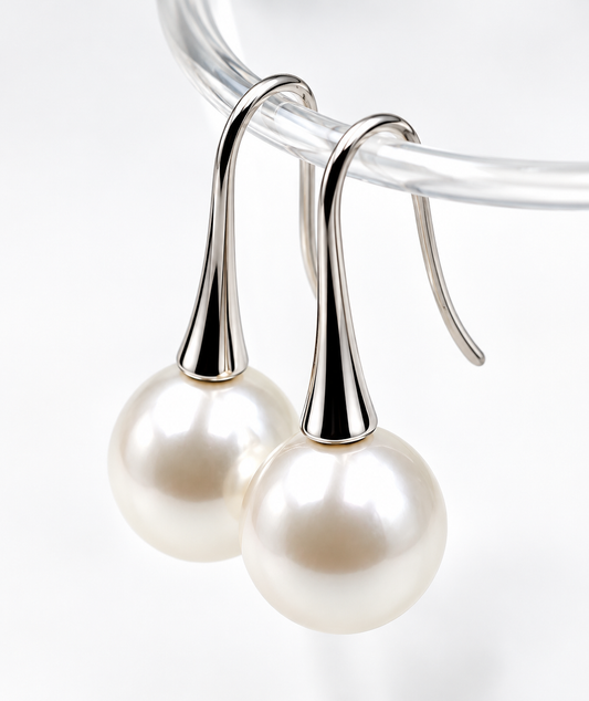 Sterling Silver 925 Large 12mm Shell Pearl Ball Drop Earrings