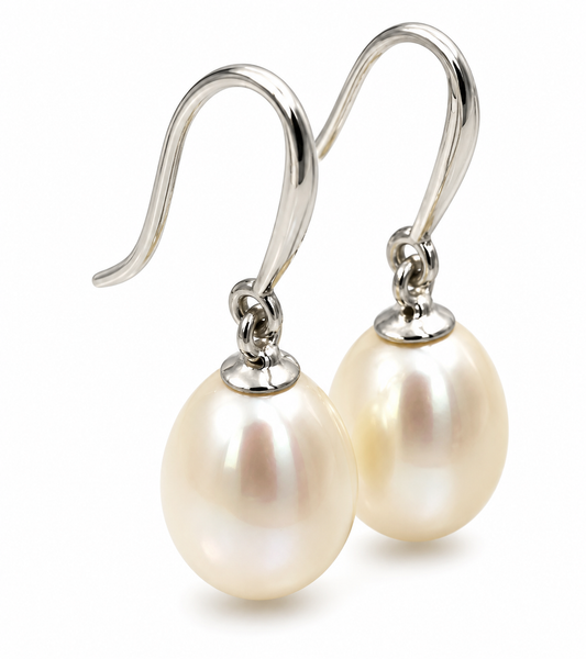 Genuine 18ct White Gold Oval Freshwater Pearl Hook Earrings | 12 x 9mm