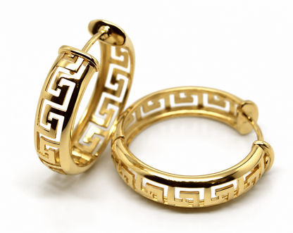 Heavy Solid Large 18ct 750 Yellow, Rose Or White Gold Greek Key Hoop Earrings