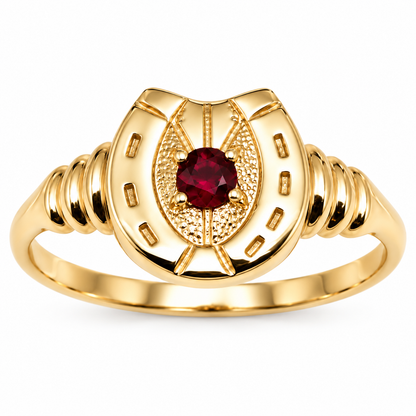 Genuine 9ct 9k 375 Gold Ruby Set Lucky Horseshoe Ring | Yellow, Rose or White Gold | Ring Sizes H–P