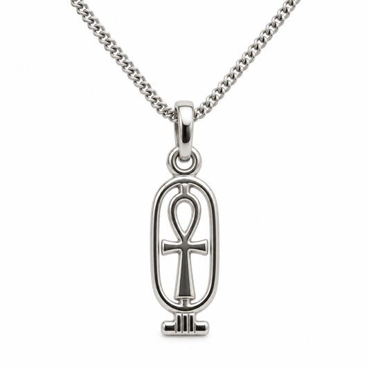 925 Sterling Silver Cartouche in Ankh Pendant with 45cm Chain