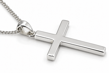 Sterling Silver 925 Plain Cross Pendant with Kerb Chain – 34mm × 21mm