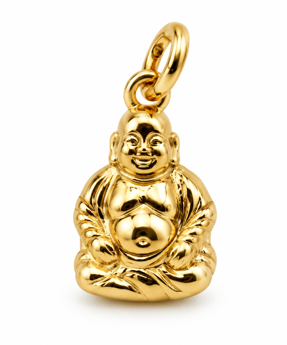9ct yellow gold laughing Buddha pendant charm with seated figure and bail