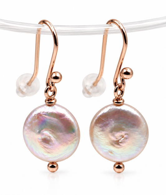 Sterling Silver (Gold Plated Rose Gold) 13mm Coin Pearl Ball Earrings