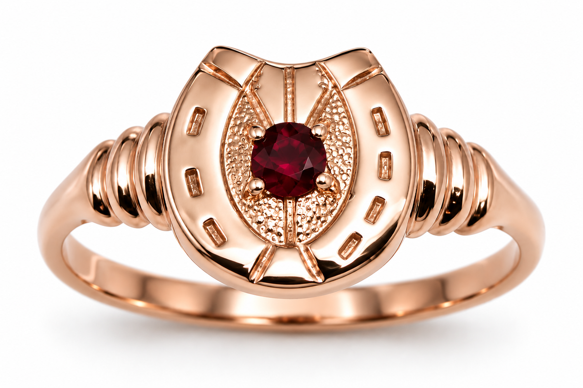Genuine 9ct 9k 375 Gold Ruby Set Lucky Horseshoe Ring | Yellow, Rose or White Gold | Ring Sizes H–P