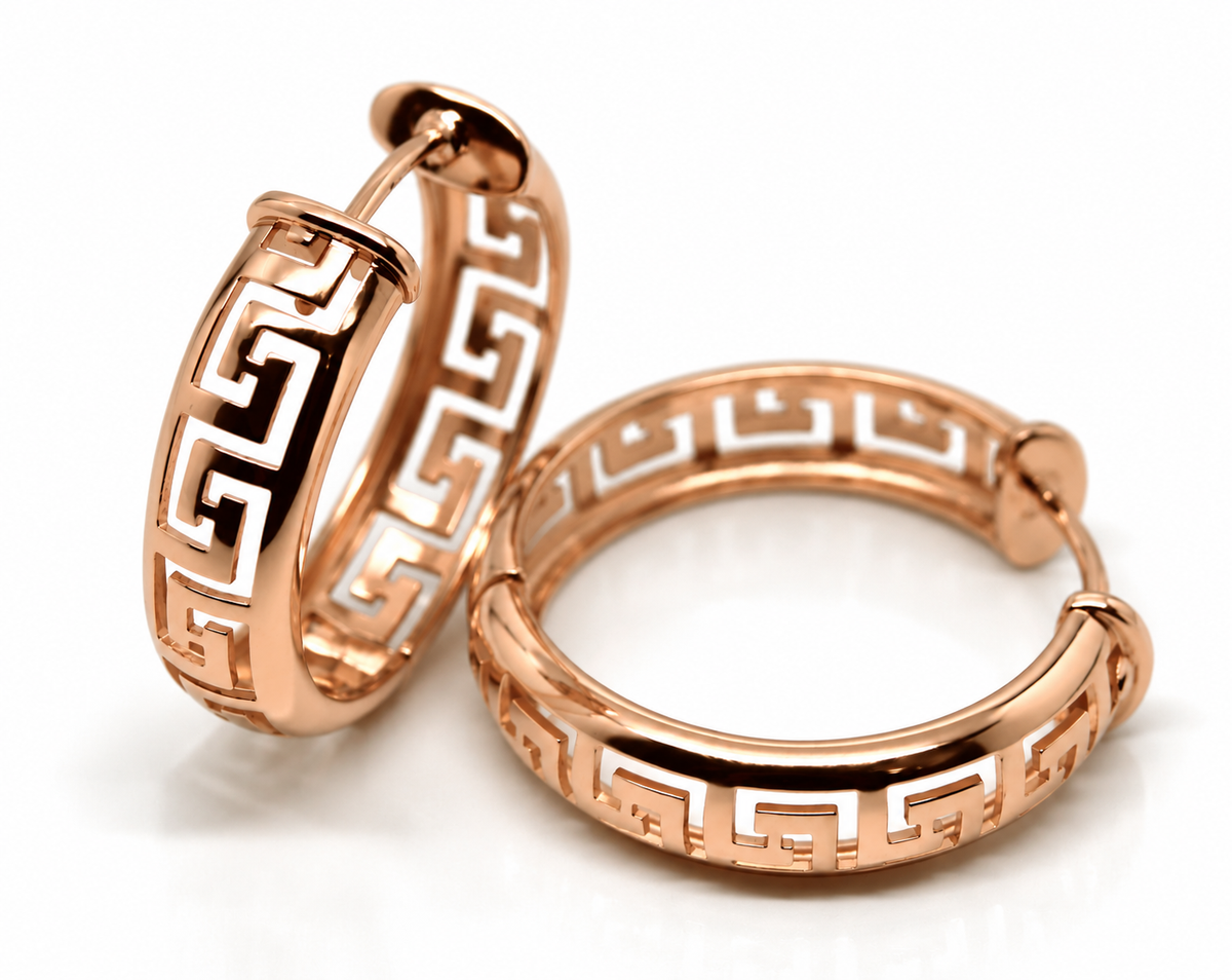 Heavy Solid Large 18ct 750 Yellow, Rose Or White Gold Greek Key Hoop Earrings