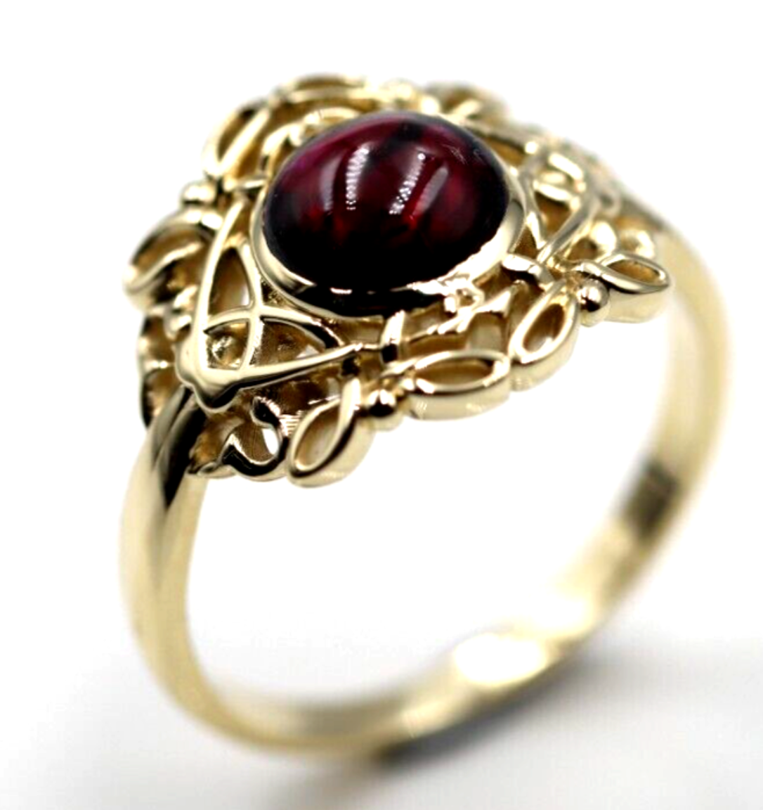 Size R - Genuine 9ct Yellow, Rose or White Gold Round Red Cabochon Garnet Fancy Filigree Ring