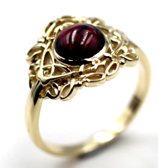 Size R - Genuine 9ct Yellow, Rose or White Gold Round Red Cabochon Garnet Fancy Filigree Ring